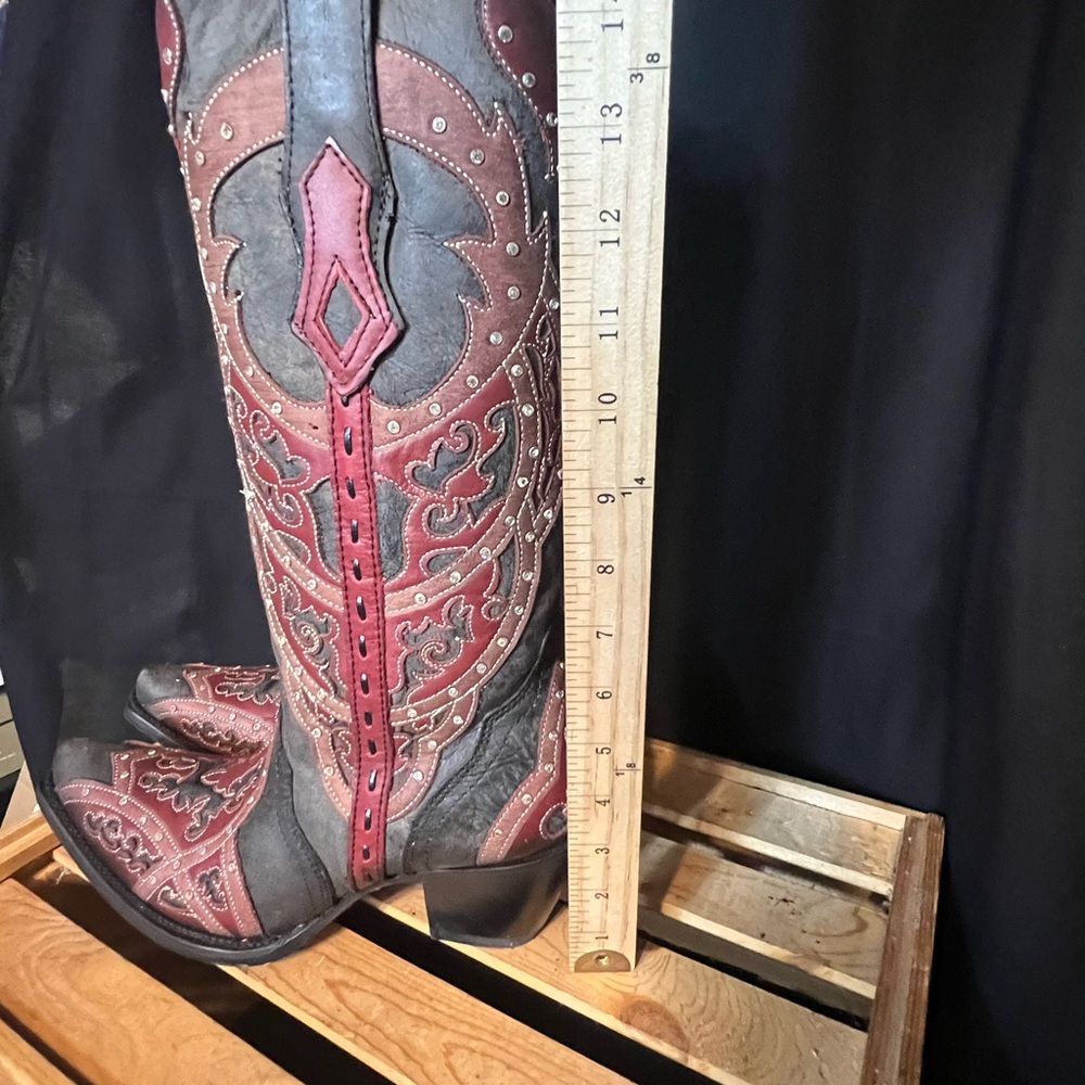 Corral Women's Western Boots Black/Red Overlay w/Rhinestone Studs. Size 10.5 - Picture 5 of 13